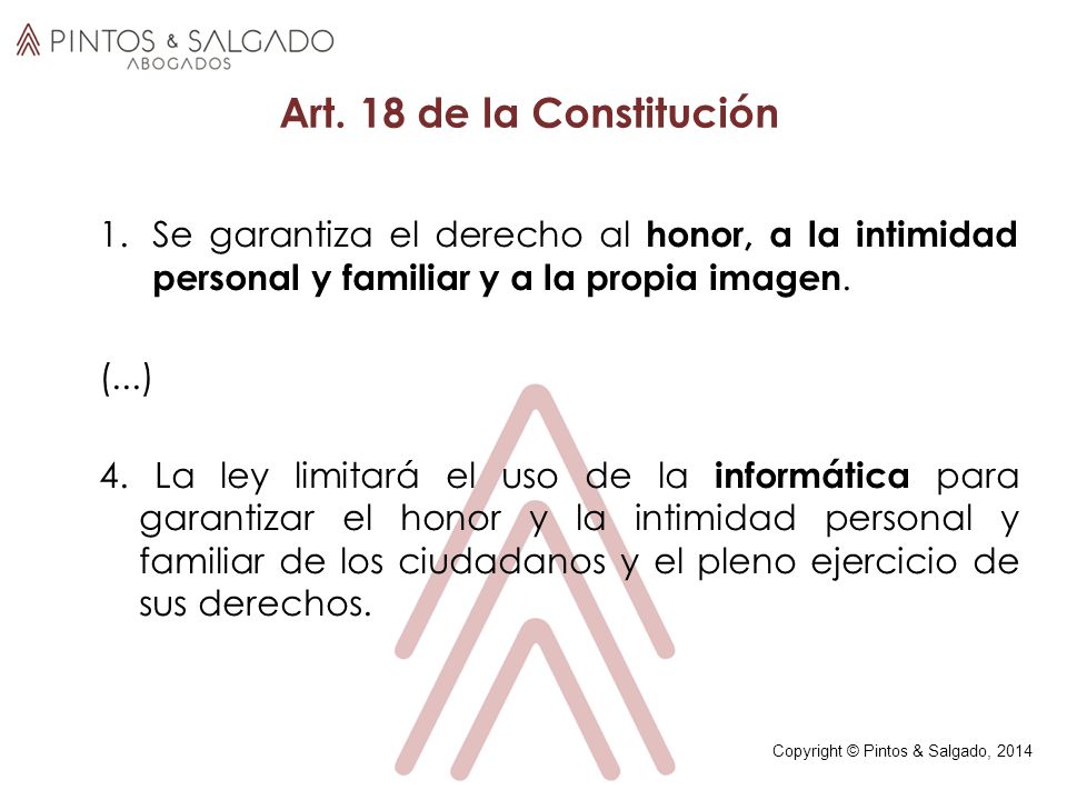 Art. 18 de la Constitución Se garantiza el derecho al honor, a la intimidad personal y familiar y a la propia imagen.