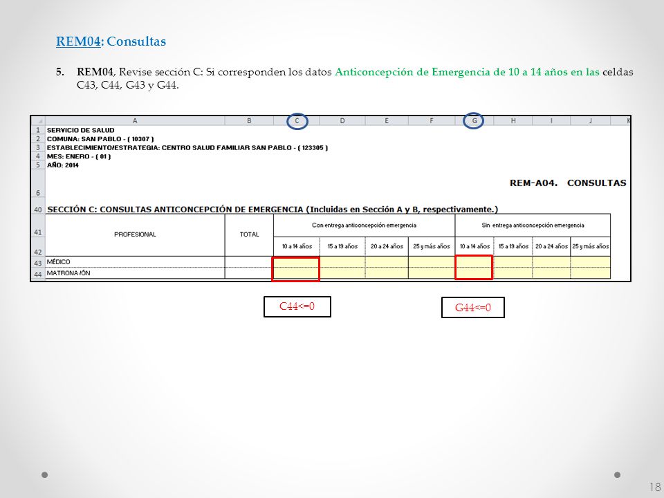 REM04: Consultas REM04, Revise sección C: Si corresponden los datos Anticoncepción de Emergencia de 10 a 14 años en las celdas C43, C44, G43 y G44.