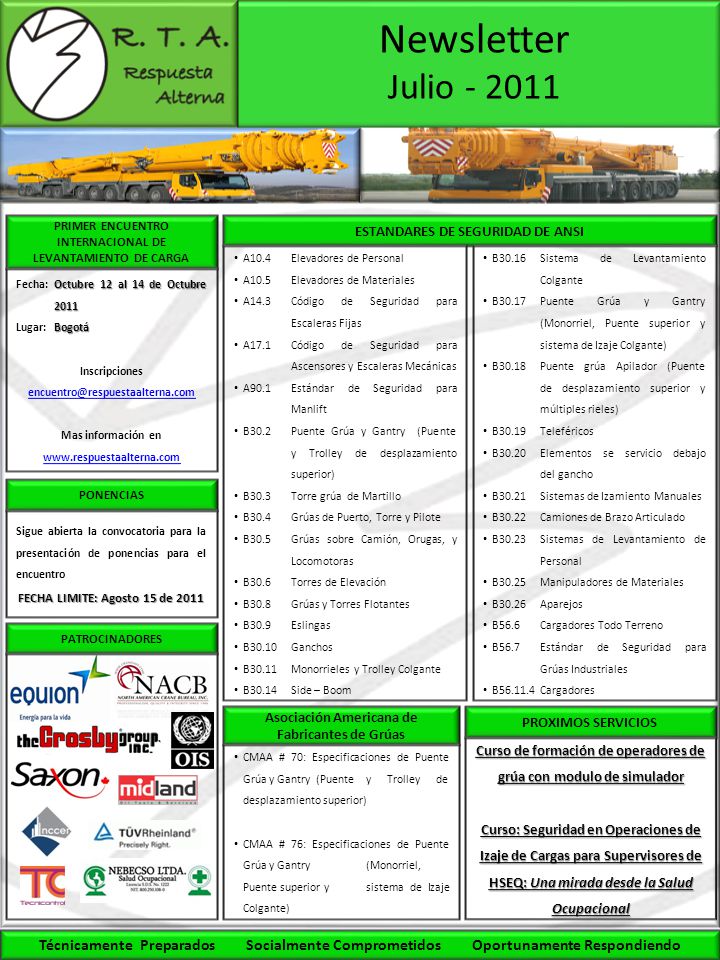 Newsletter Julio PRIMER ENCUENTRO INTERNACIONAL DE LEVANTAMIENTO DE CARGA. ESTANDARES DE SEGURIDAD DE ANSI.