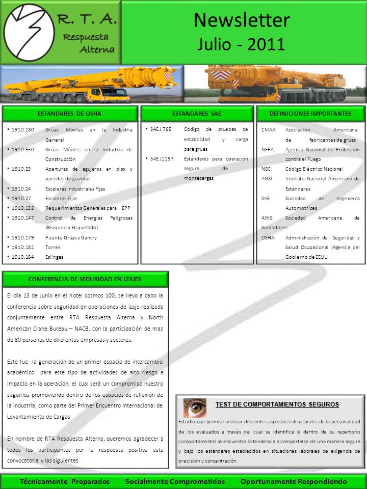 Newsletter Julio ESTANDARES DE OSHA. ESTANDARES SAE. DEFINICIONES IMPORTANTES Grúas Móviles en la Industria General.