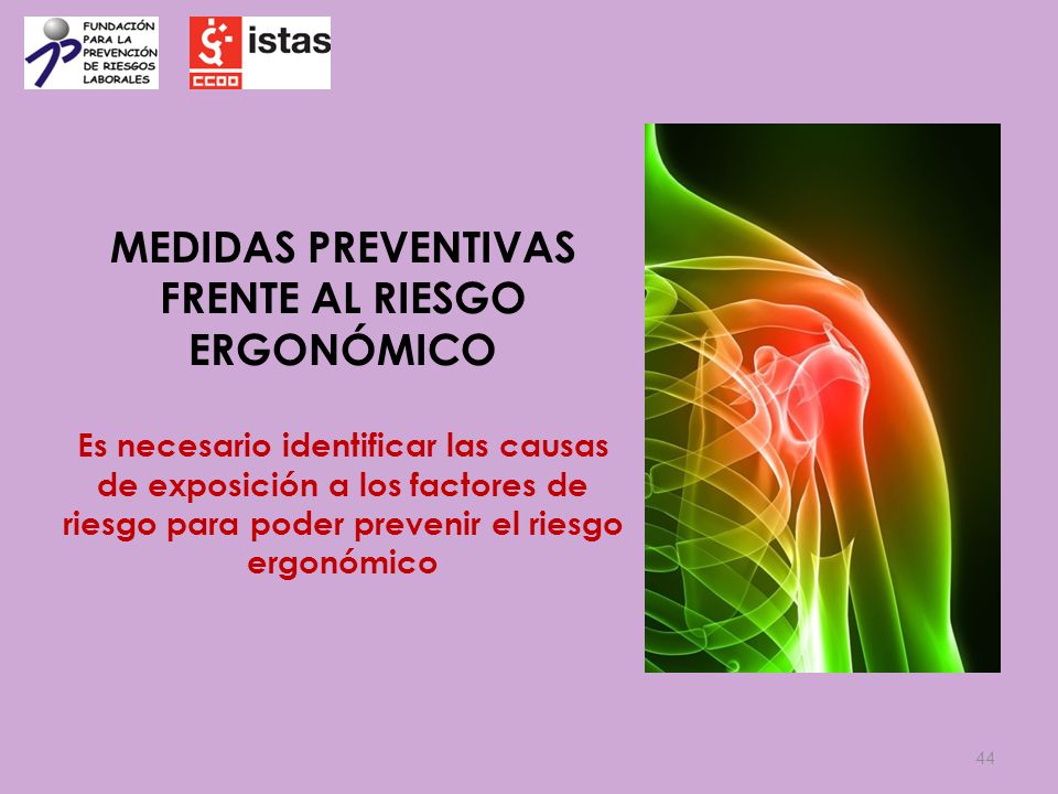 MEDIDAS PREVENTIVAS FRENTE AL RIESGO ERGONÓMICO Es necesario identificar las causas de exposición a los factores de riesgo para poder prevenir el riesgo ergonómico