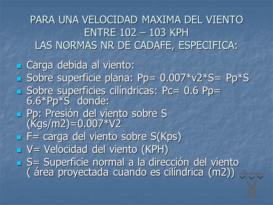 PARA UNA VELOCIDAD MAXIMA DEL VIENTO ENTRE 102 – 103 KPH LAS NORMAS NR DE CADAFE, ESPECIFICA: