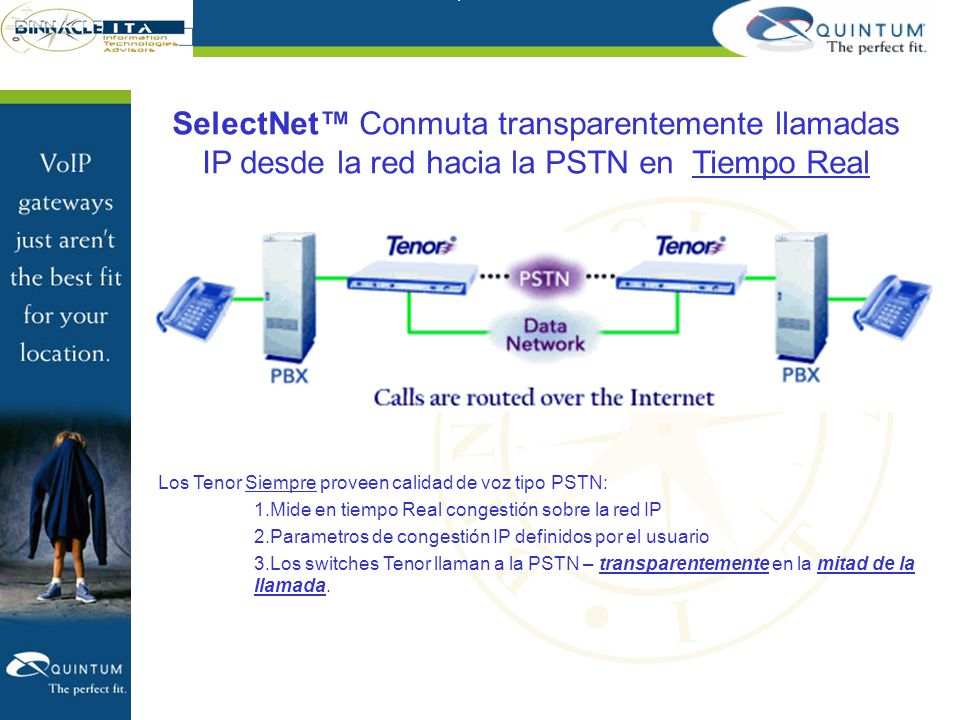SelectNet™ Conmuta transparentemente llamadas IP desde la red hacia la PSTN en Tiempo Real