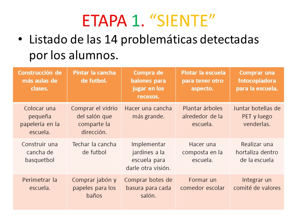 ETAPA 1. SIENTE Listado de las 14 problemáticas detectadas por los alumnos. Construcción de más aulas de clases.