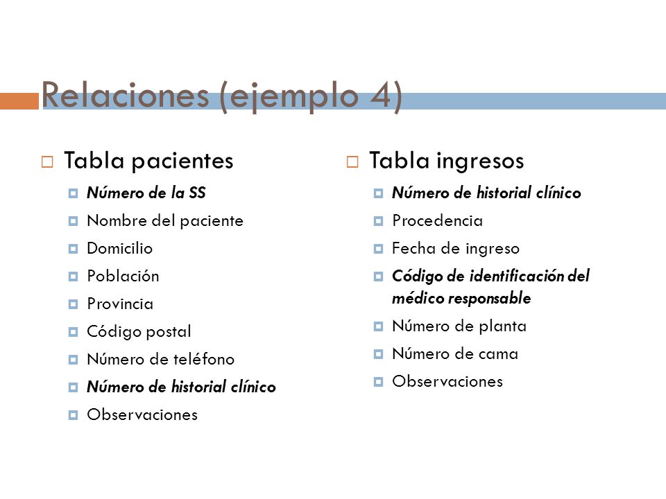Relaciones (ejemplo 4) Tabla pacientes Tabla ingresos Número de la SS