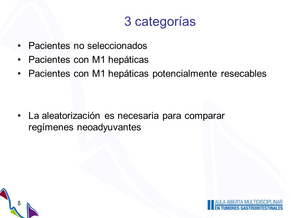 3 categorías Pacientes no seleccionados Pacientes con M1 hepáticas
