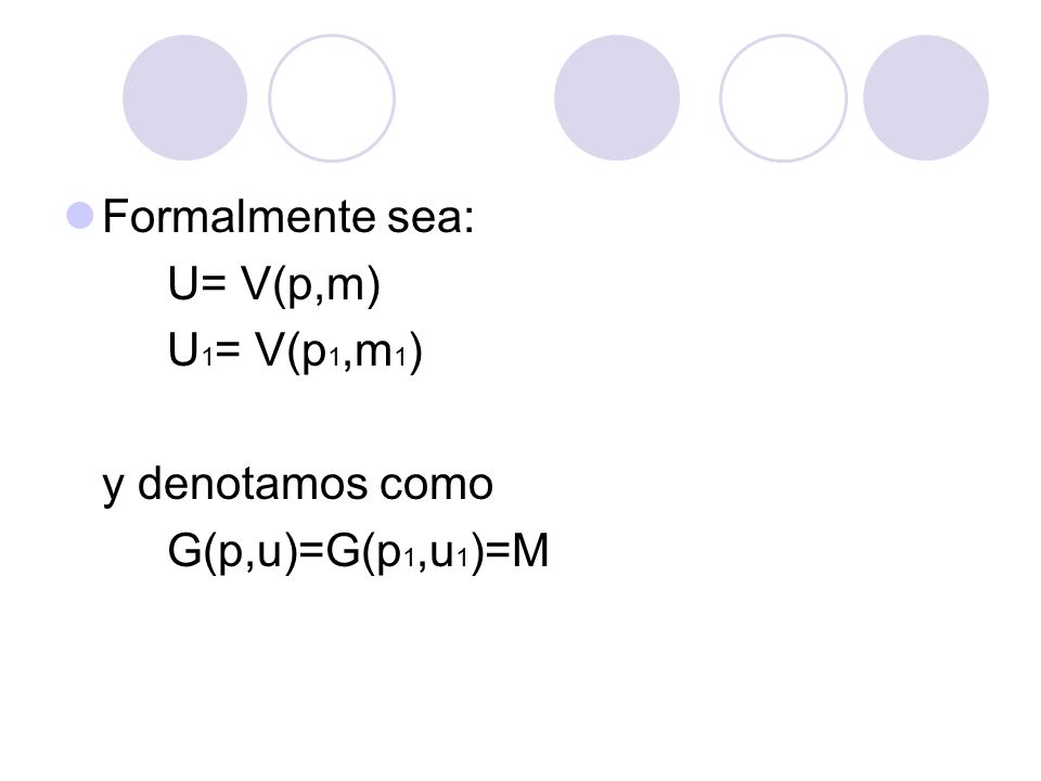 Formalmente sea: U= V(p,m) U1= V(p1,m1) y denotamos como G(p,u)=G(p1,u1)=M