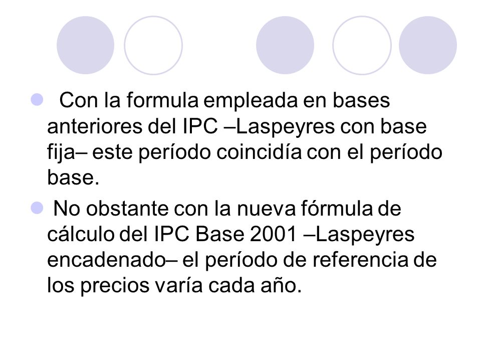 Con la formula empleada en bases anteriores del IPC –Laspeyres con base fija– este período coincidía con el período base.