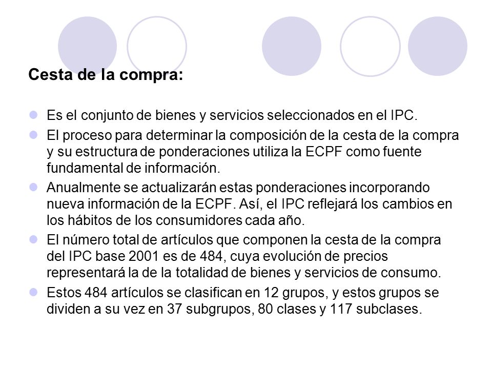 Cesta de la compra: Es el conjunto de bienes y servicios seleccionados en el IPC.