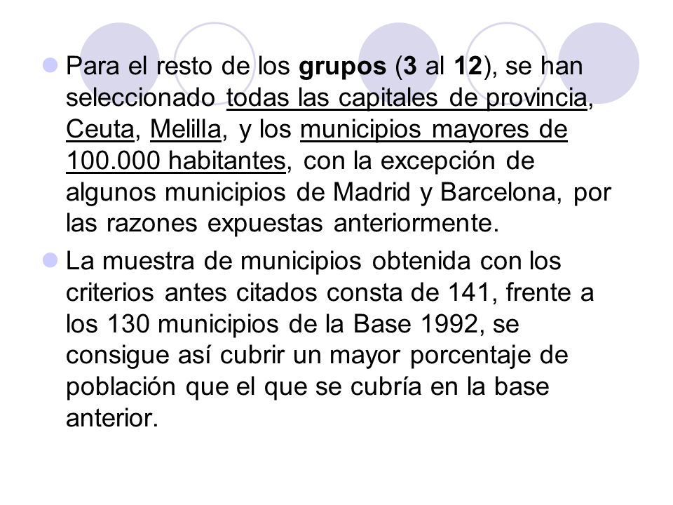 Para el resto de los grupos (3 al 12), se han seleccionado todas las capitales de provincia, Ceuta, Melilla, y los municipios mayores de habitantes, con la excepción de algunos municipios de Madrid y Barcelona, por las razones expuestas anteriormente.