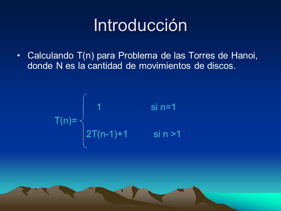 Introducción Calculando T(n) para Problema de las Torres de Hanoi, donde N es la cantidad de movimientos de discos.