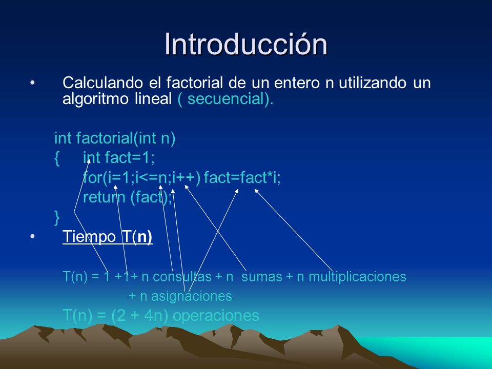 Introducción Calculando el factorial de un entero n utilizando un algoritmo lineal ( secuencial). int factorial(int n)