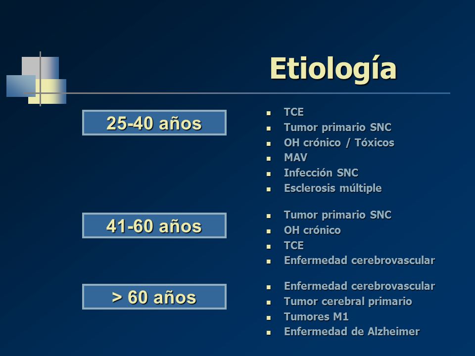 Etiología años años > 60 años TCE Tumor primario SNC