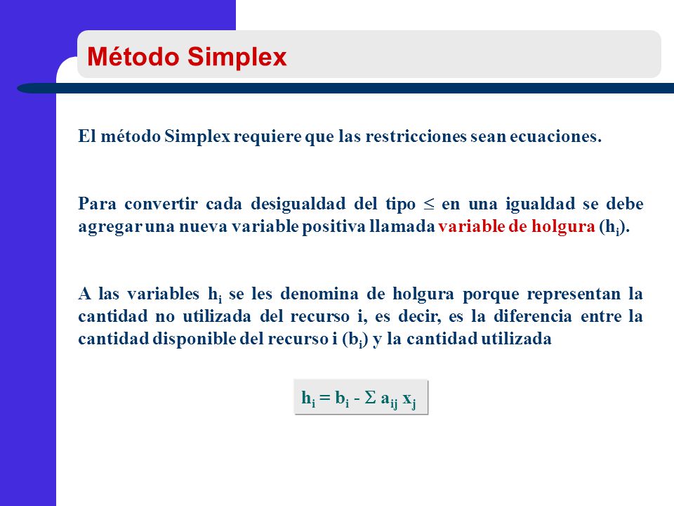 Método Simplex El método Simplex requiere que las restricciones sean ecuaciones.