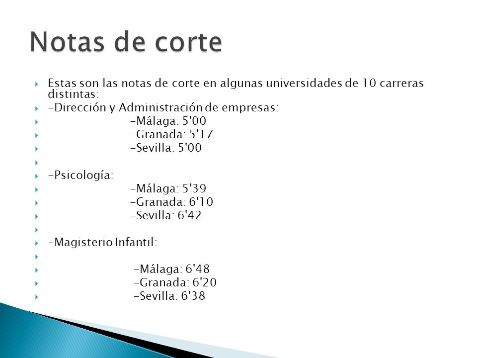 Notas de corte Estas son las notas de corte en algunas universidades de 10 carreras distintas: -Dirección y Administración de empresas: