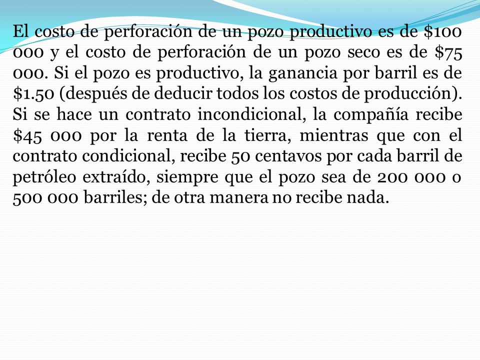 El costo de perforación de un pozo productivo es de $ y el costo de perforación de un pozo seco es de $