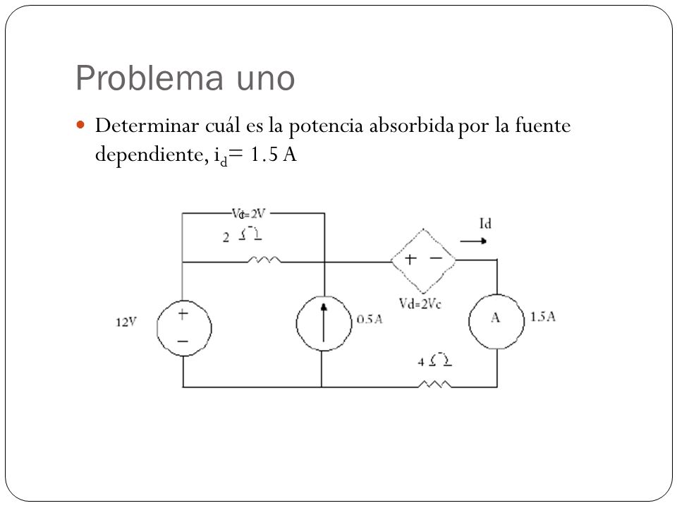 Problema uno Determinar cuál es la potencia absorbida por la fuente dependiente, id= 1.5 A c