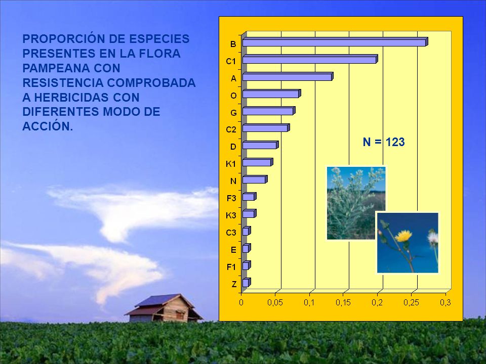 PROPORCIÓN DE ESPECIES PRESENTES EN LA FLORA PAMPEANA CON RESISTENCIA COMPROBADA A HERBICIDAS CON DIFERENTES MODO DE ACCIÓN.