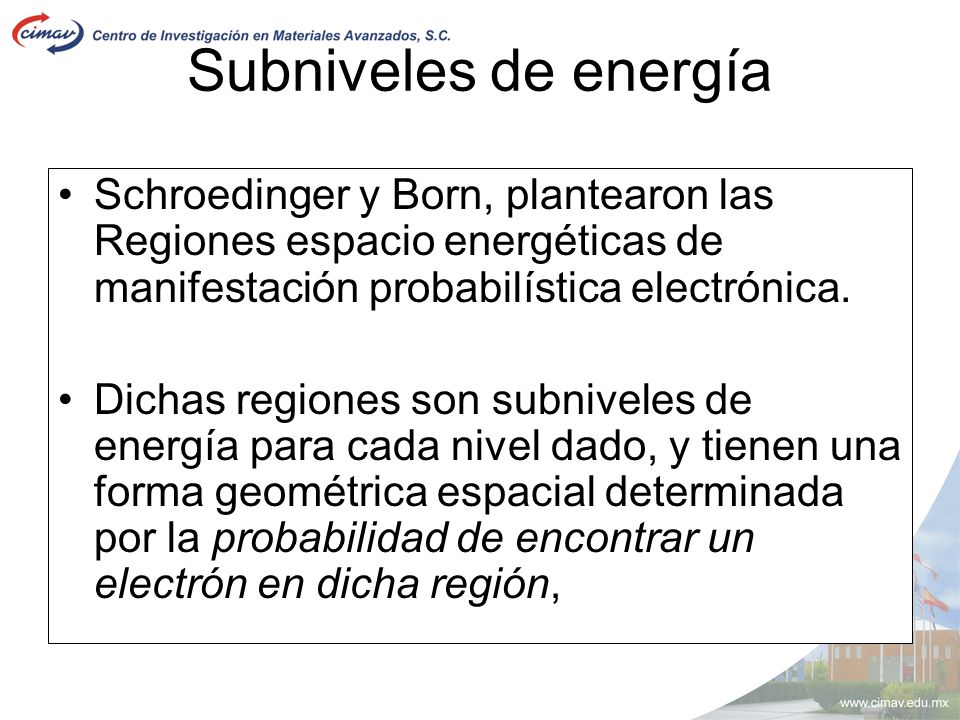 Subniveles de energía Schroedinger y Born, plantearon las Regiones espacio energéticas de manifestación probabilística electrónica.