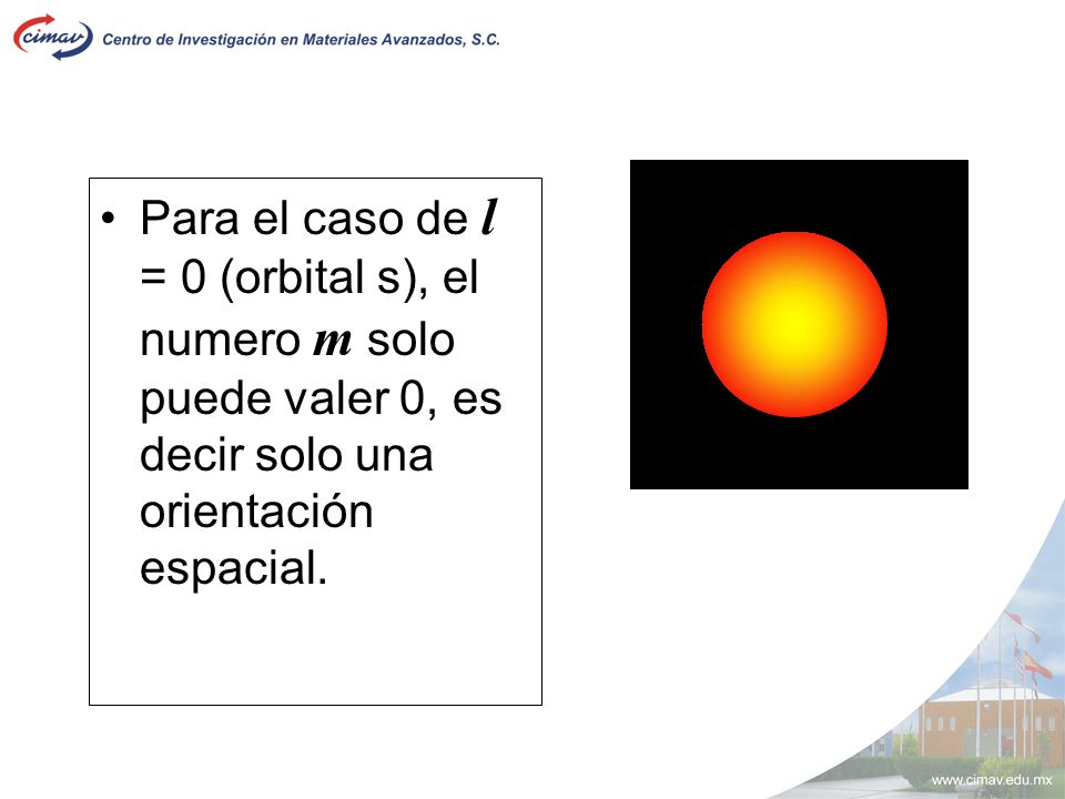 Para el caso de l = 0 (orbital s), el numero m solo puede valer 0, es decir solo una orientación espacial.