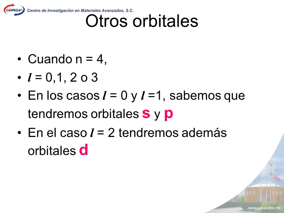 Otros orbitales Cuando n = 4, l = 0,1, 2 o 3