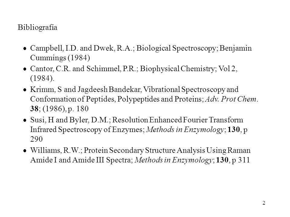 Bibliografía Campbell, I.D. and Dwek, R.A.; Biological Spectroscopy; Benjamin Cummings (1984)