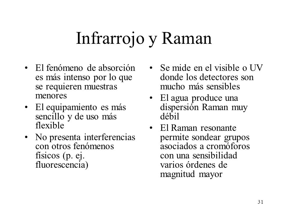 Infrarrojo y Raman El fenómeno de absorción es más intenso por lo que se requieren muestras menores.