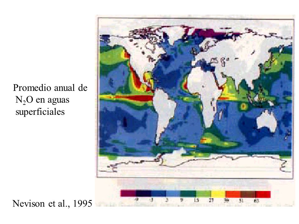 Promedio anual de N2O en aguas superficiales Nevison et al., 1995