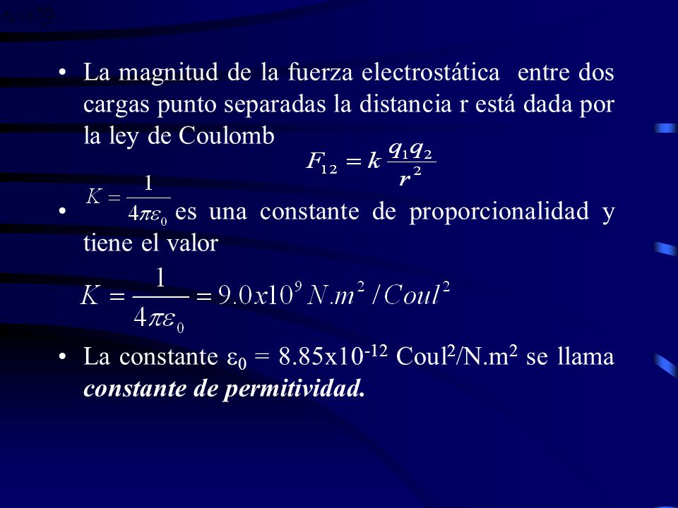 La magnitud de la fuerza electrostática entre dos cargas punto separadas la distancia r está dada por la ley de Coulomb