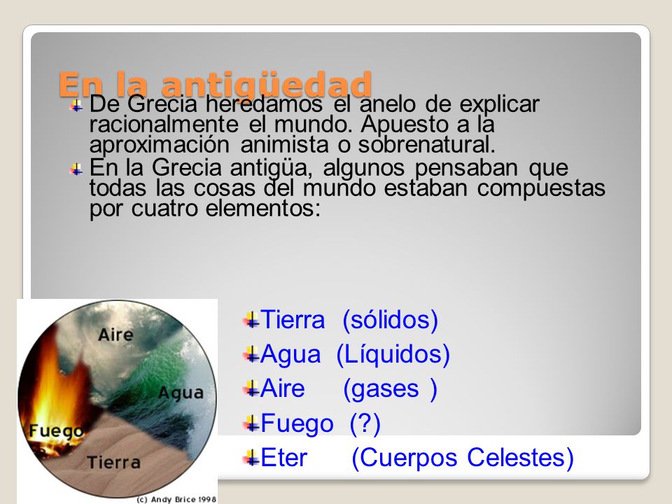 En la antigüedad Tierra (sólidos) Agua (Líquidos) Aire (gases )