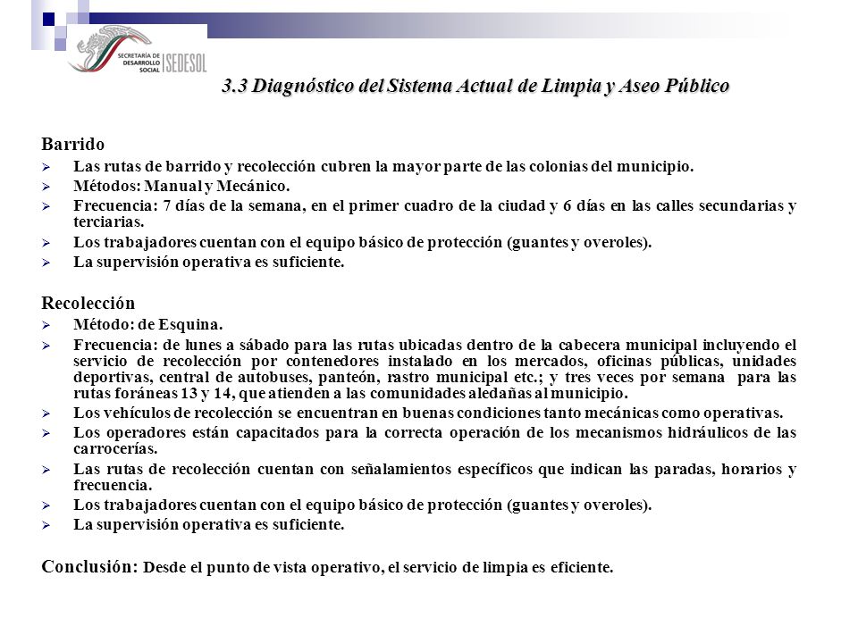 3.3 Diagnóstico del Sistema Actual de Limpia y Aseo Público