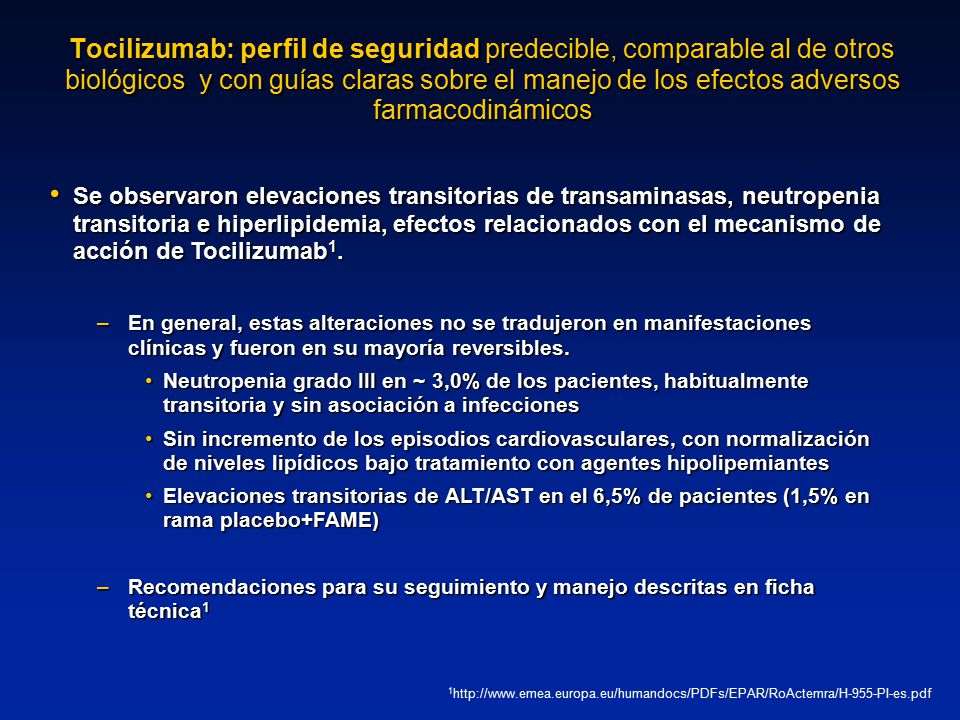 Tocilizumab: perfil de seguridad predecible, comparable al de otros biológicos y con guías claras sobre el manejo de los efectos adversos farmacodinámicos