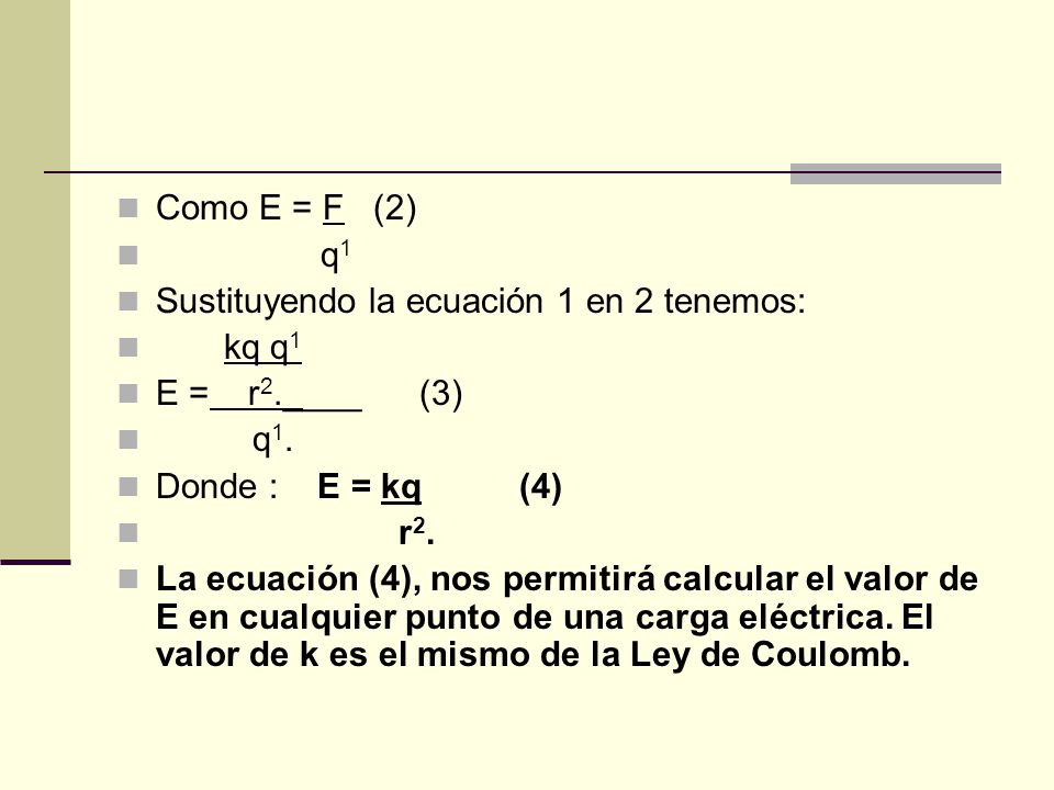 Como E = F (2) q1. Sustituyendo la ecuación 1 en 2 tenemos: kq q1. E = r2.____ (3) q1.