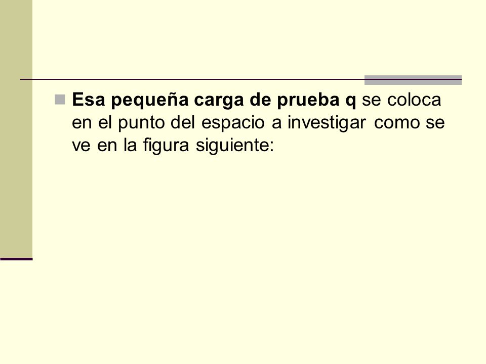 Esa pequeña carga de prueba q se coloca en el punto del espacio a investigar como se ve en la figura siguiente: