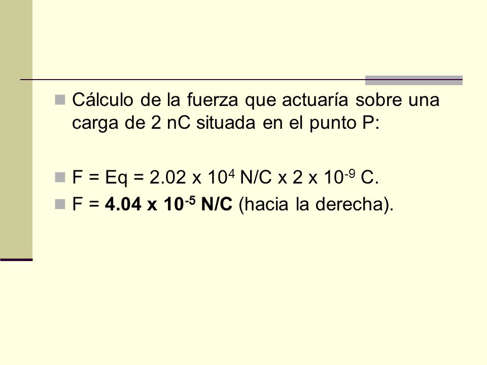 Cálculo de la fuerza que actuaría sobre una carga de 2 nC situada en el punto P: