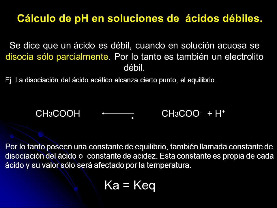 Ka = Keq Cálculo de pH en soluciones de ácidos débiles.
