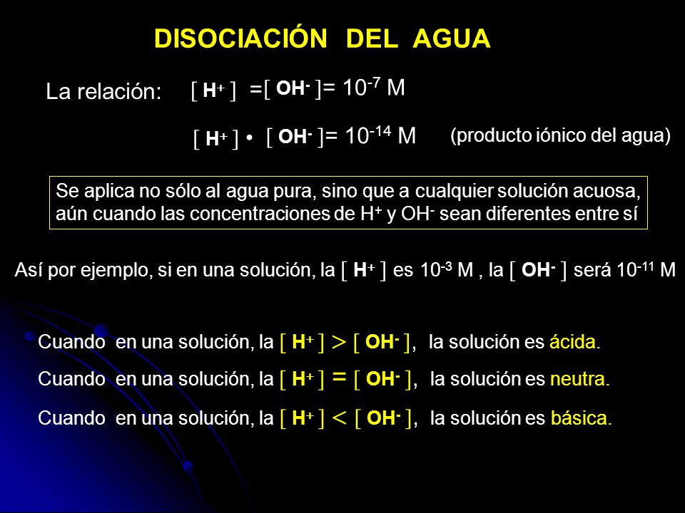 DISOCIACIÓN DEL AGUA La relación:  H  =  OH- = 10-7 M  H  •