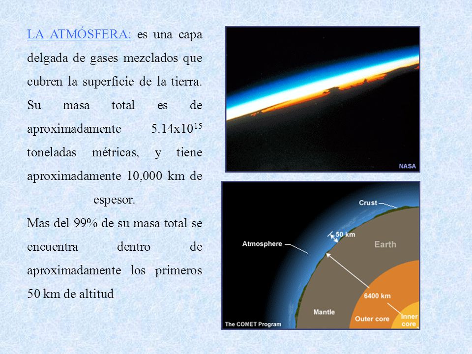 LA ATMÓSFERA: es una capa delgada de gases mezclados que cubren la superficie de la tierra.