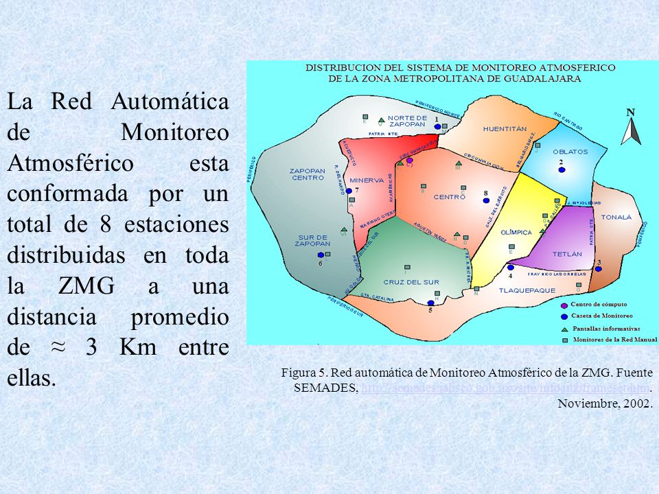 La Red Automática de Monitoreo Atmosférico esta conformada por un total de 8 estaciones distribuidas en toda la ZMG a una distancia promedio de ≈ 3 Km entre ellas.