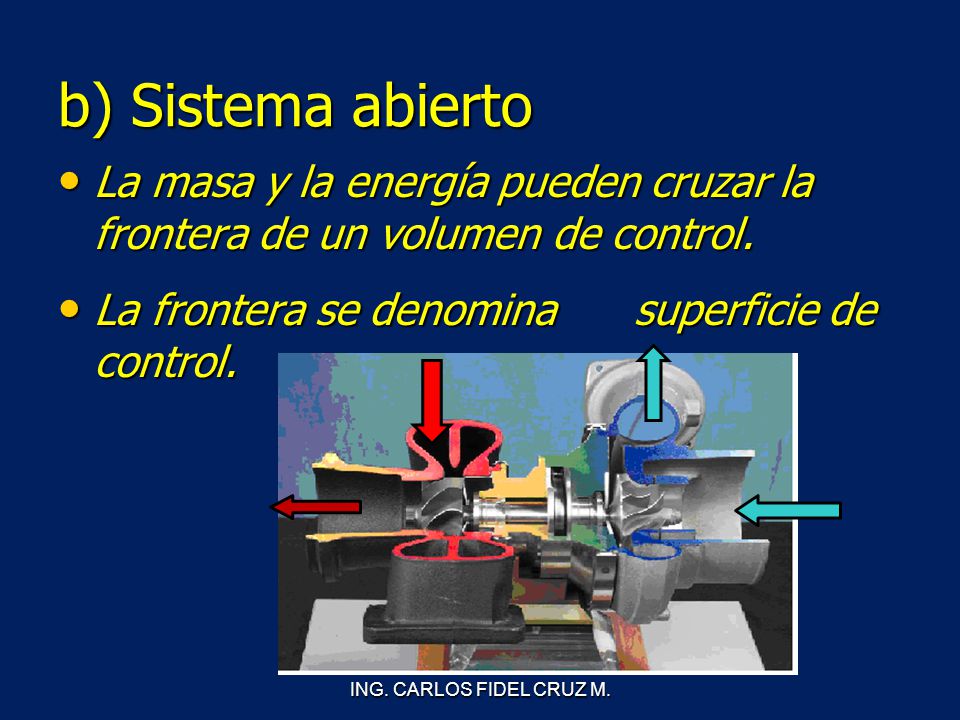 b) Sistema abierto La masa y la energía pueden cruzar la frontera de un volumen de control. La frontera se denomina superficie de control.