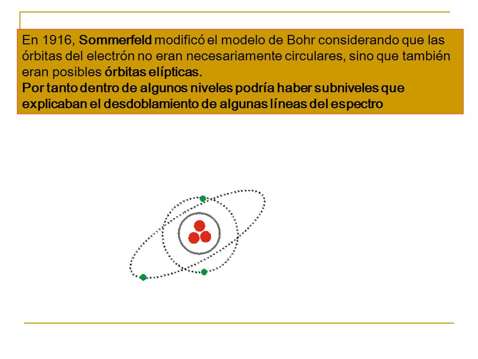 En 1916, Sommerfeld modificó el modelo de Bohr considerando que las órbitas del electrón no eran necesariamente circulares, sino que también eran posibles órbitas elípticas.