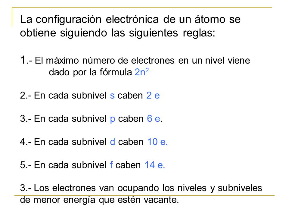 La configuración electrónica de un átomo se obtiene siguiendo las siguientes reglas:
