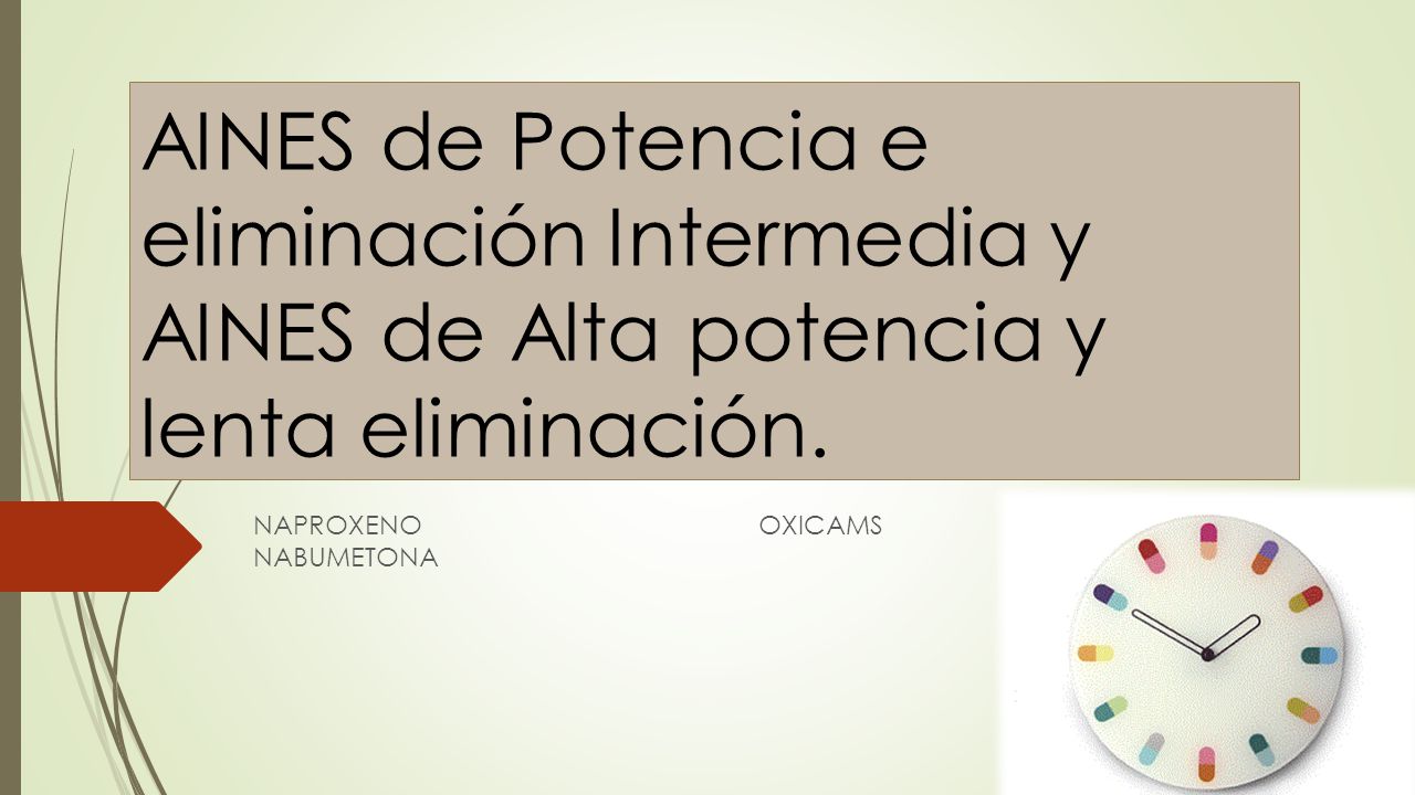 AINES de Potencia e eliminación Intermedia y AINES de Alta potencia y lenta eliminación.