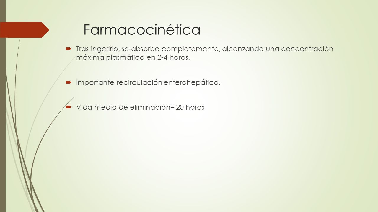 Farmacocinética Tras ingerirlo, se absorbe completamente, alcanzando una concentración máxima plasmática en 2-4 horas.