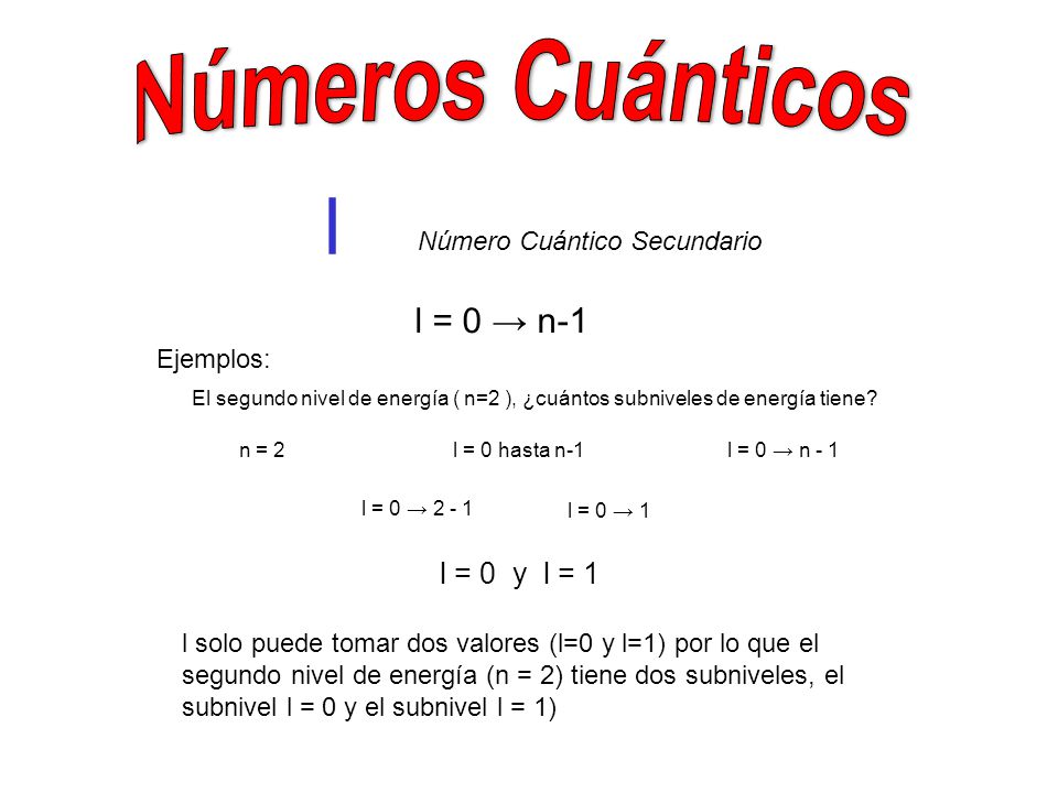 Números Cuánticos l l = 0 → n-1 l = 0 y l = 1