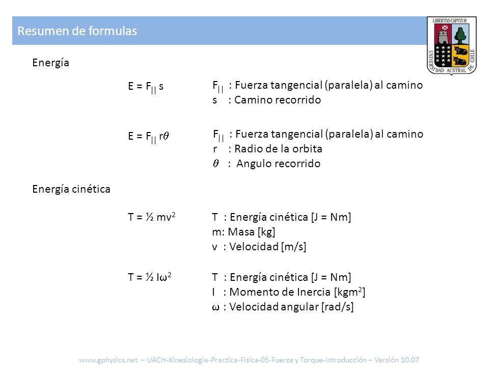 Resumen de formulas Energía E = F  s