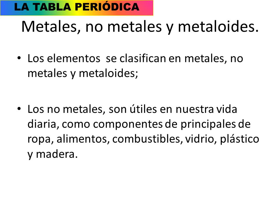 Metales, no metales y metaloides.