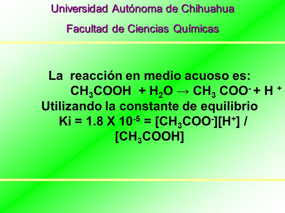 La reacción en medio acuoso es: CH3COOH + H2O → CH3 COO- + H +