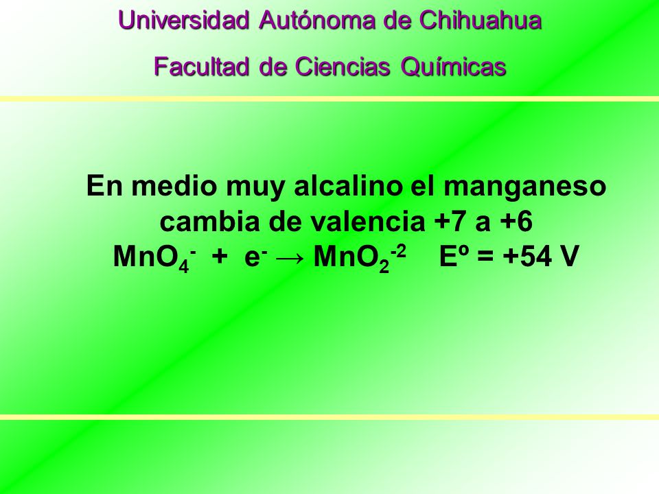 En medio muy alcalino el manganeso cambia de valencia +7 a +6