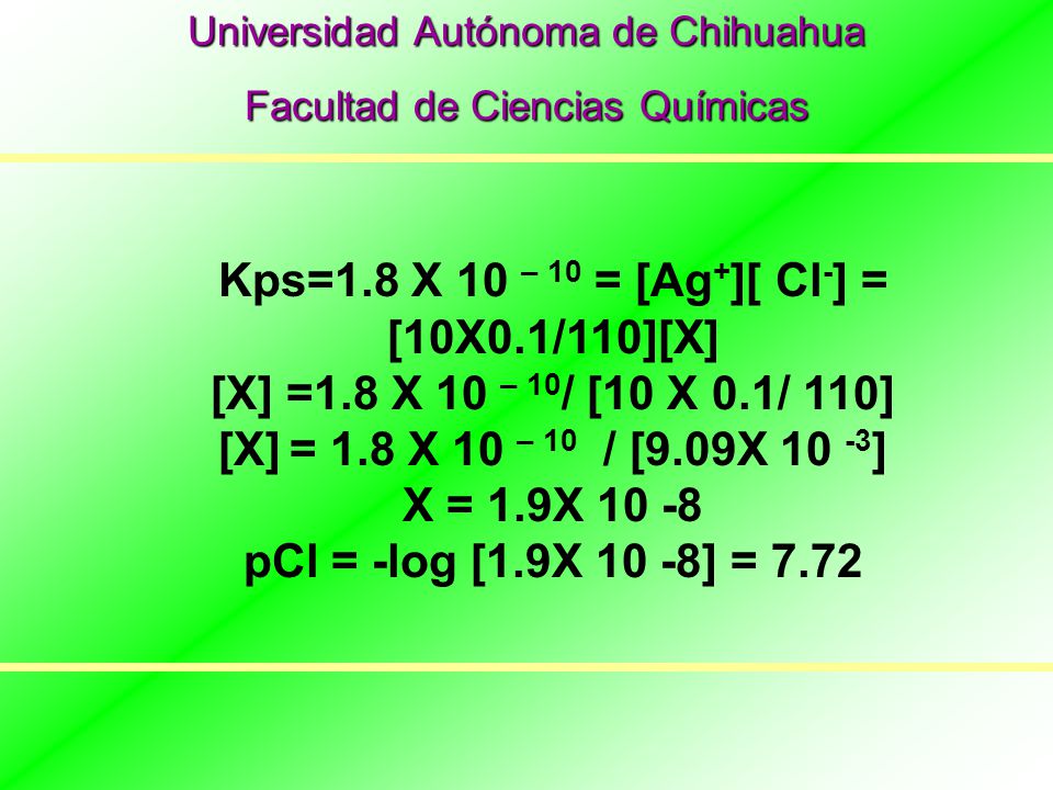 Kps=1.8 X 10 – 10 = [Ag+][ Cl-] = [10X0.1/110][X]